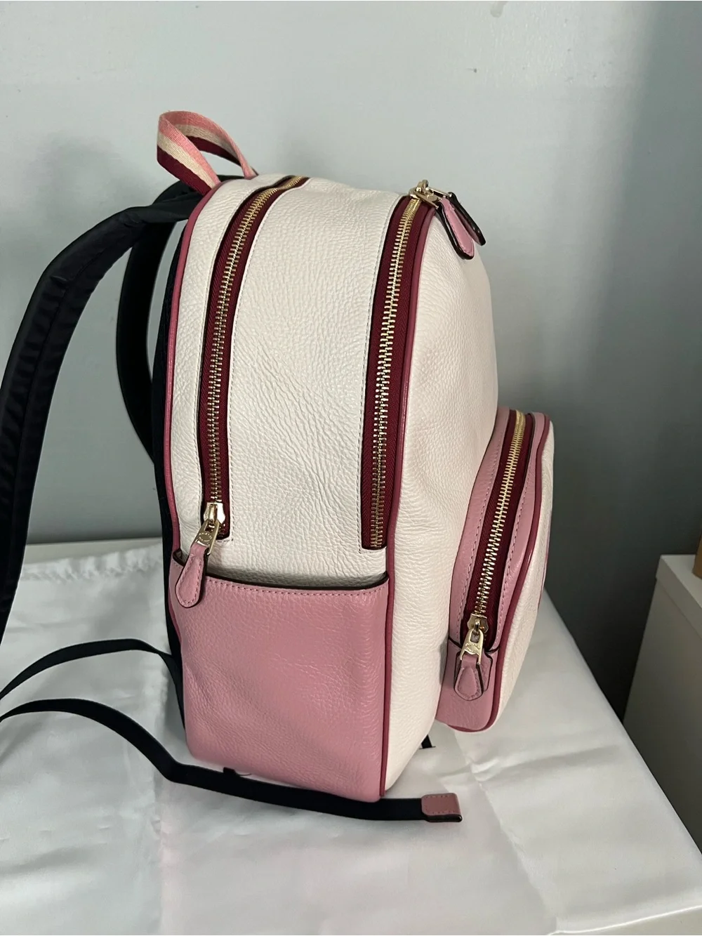 Coach Rare Court Stripe Heart Motif Backpack With Matching Wristlet